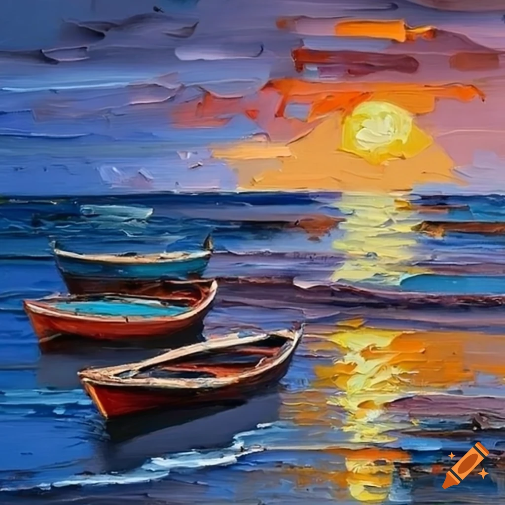 Palette knife oil painting of bulgarian boats at sunrise
