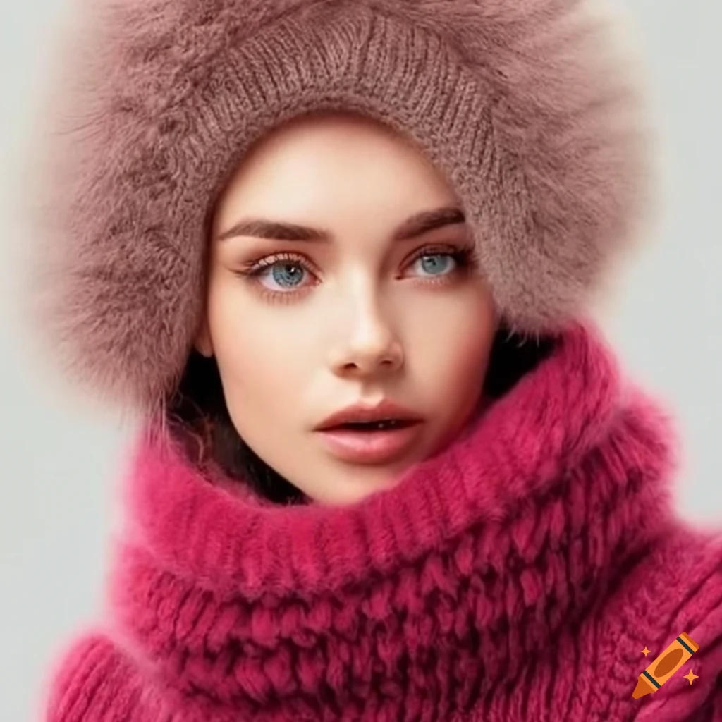 Stylish woman in chunky knit pullover and winter hat on Craiyon