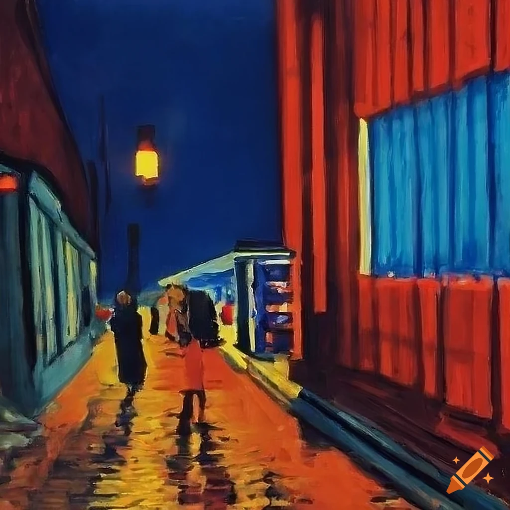 Painting of a night scene outside a tesco metro