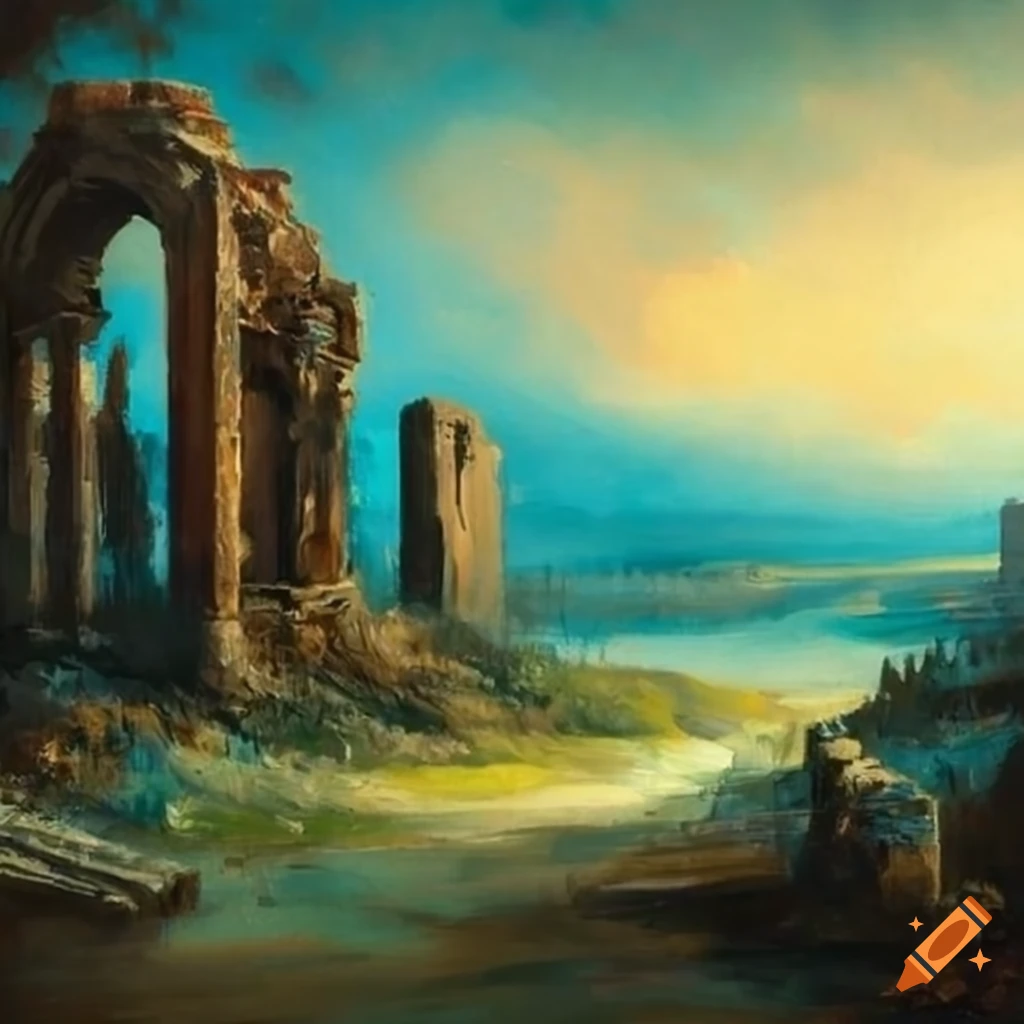 Painting of ruins in a scenic landscape