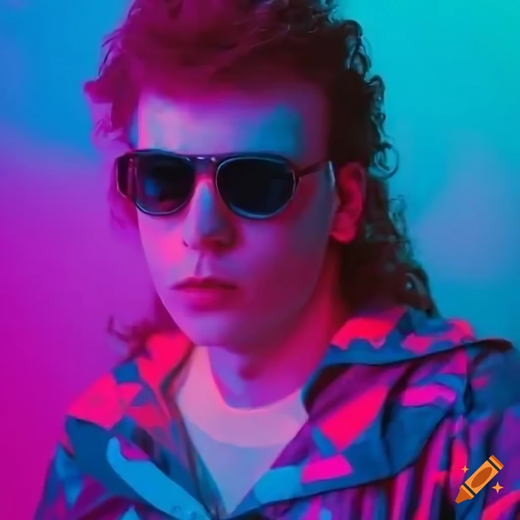 Young man in 80s style outfit and neon sunglasses on Craiyon