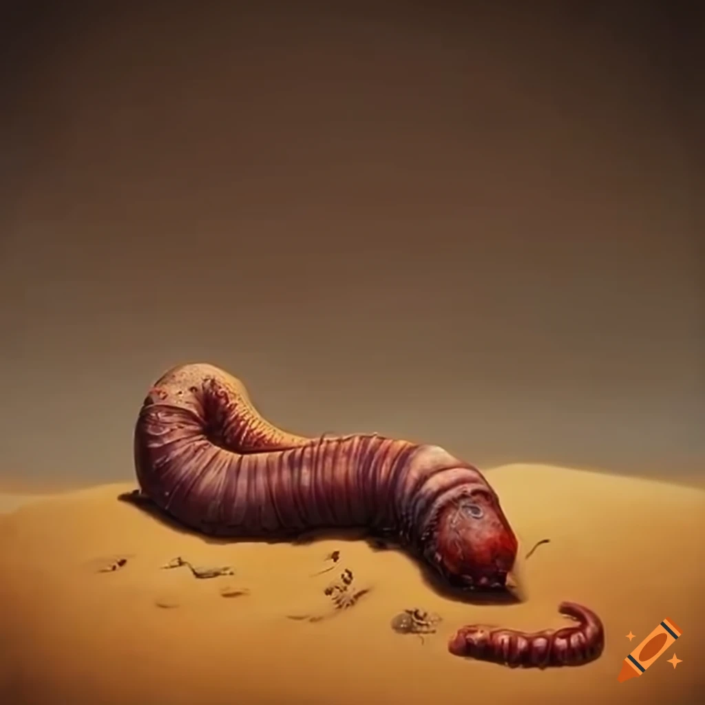 Painting of a mongolian death worm in the desert on Craiyon
