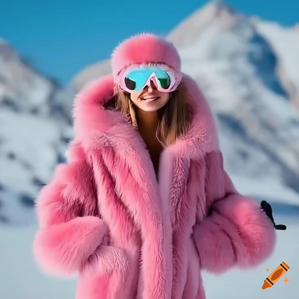 Woman skiing in fluffy pink fur ski suit