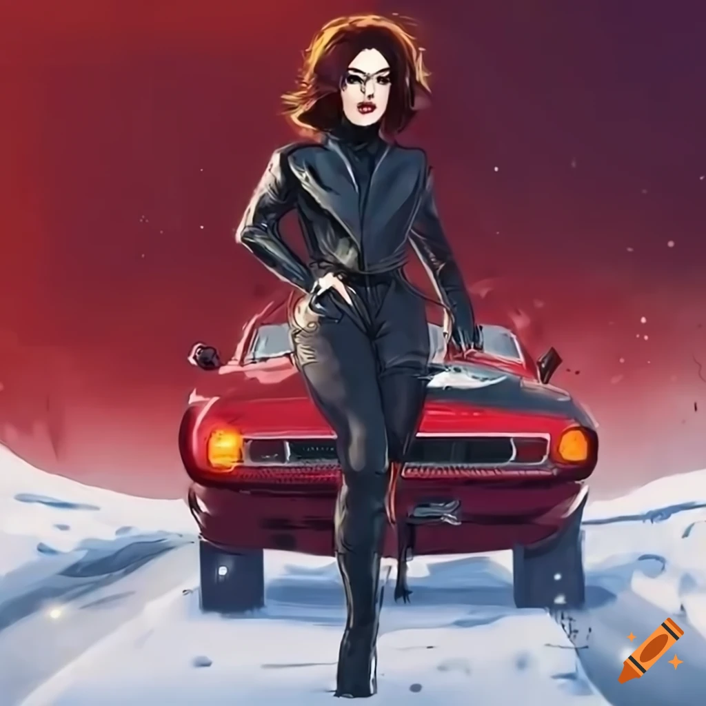 red Mustang GTO on a snowy road with a powerful comic book heroine