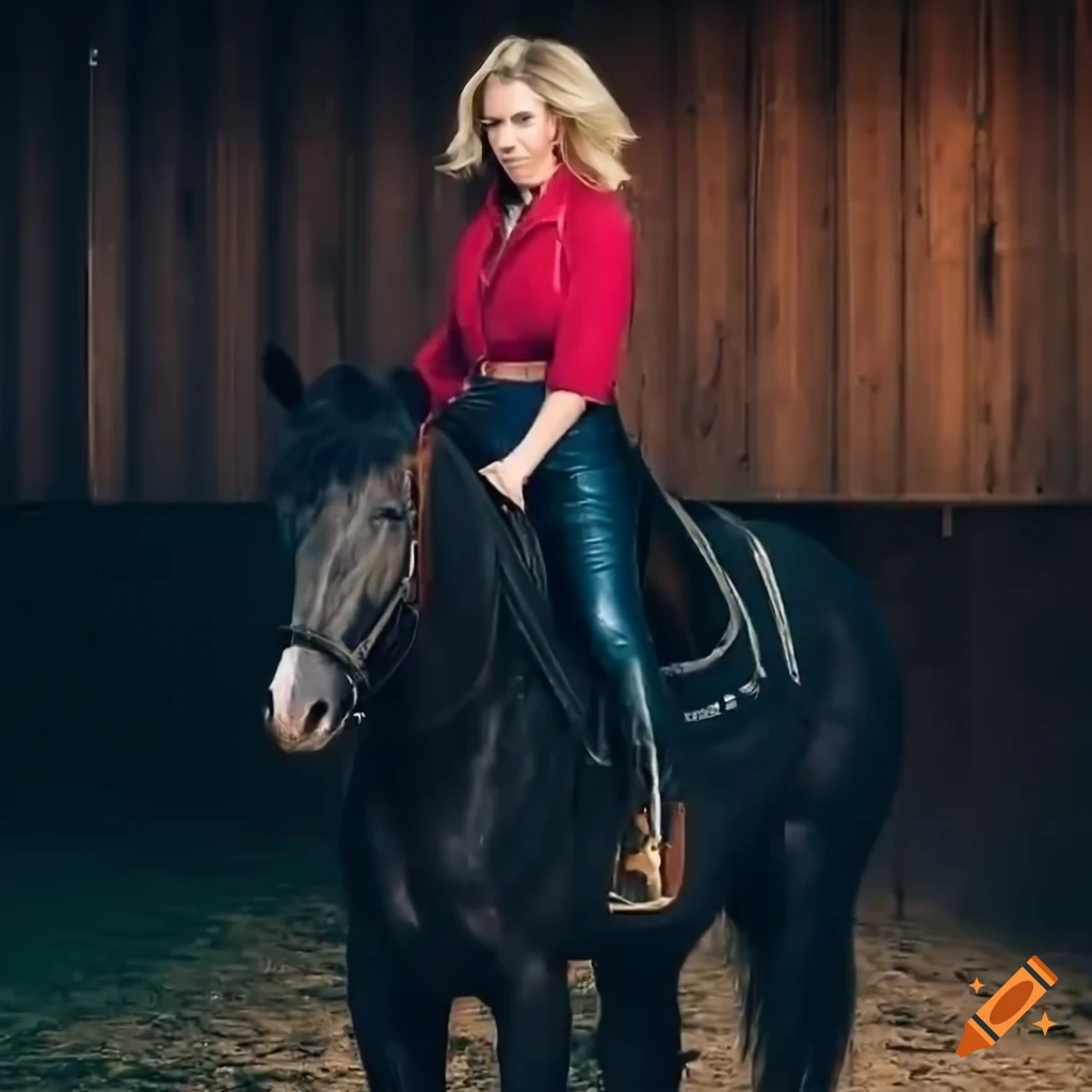 photo of a cowgirl riding a horse in a barn