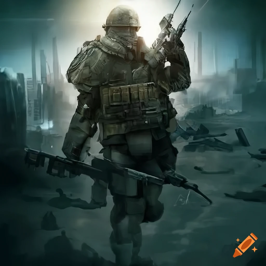 Post-apocalyptic soldier in 70s retro-futuristic desert camouflage on ...