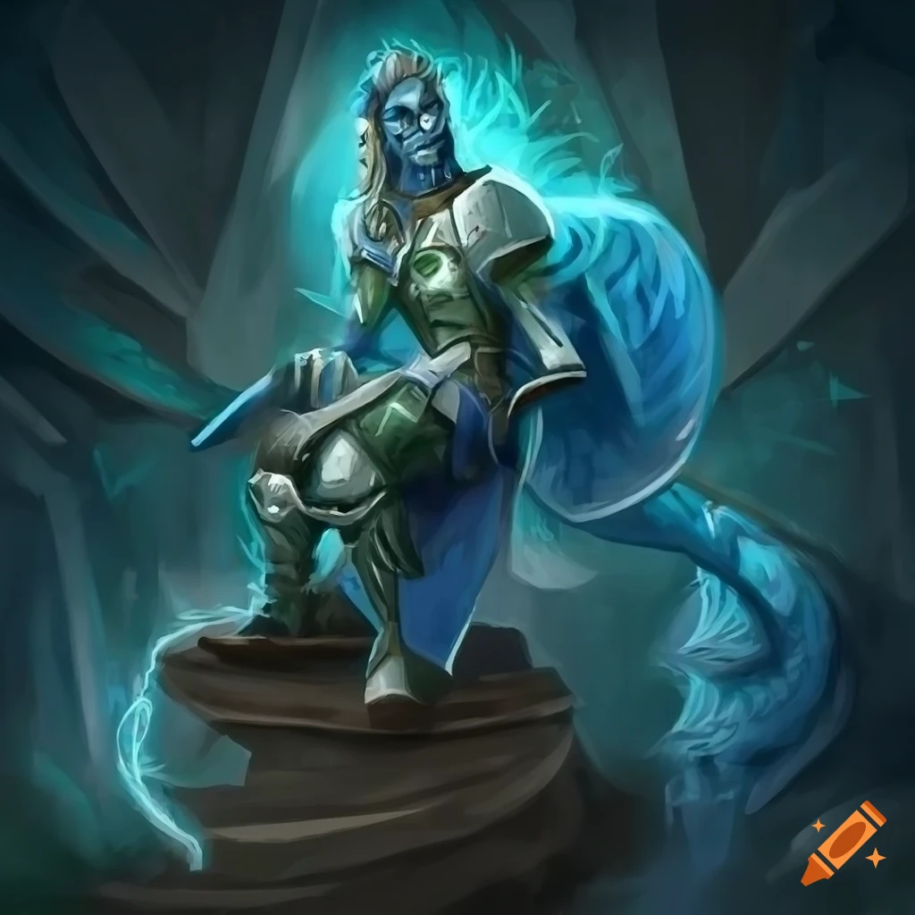 Art of a triton paladin reading a book on a spiral staircase on craiyon