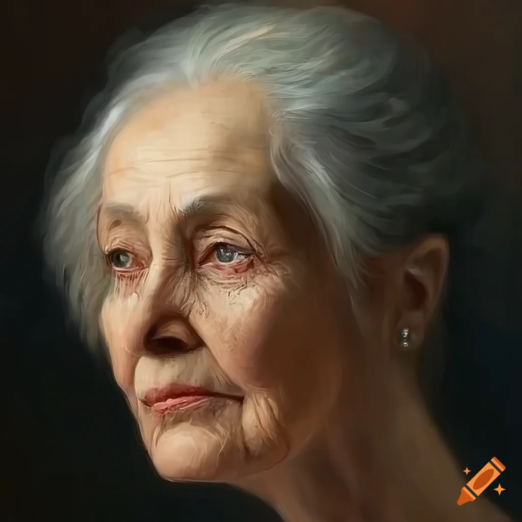 Realistic oil portrait of an elderly woman lost in thought
