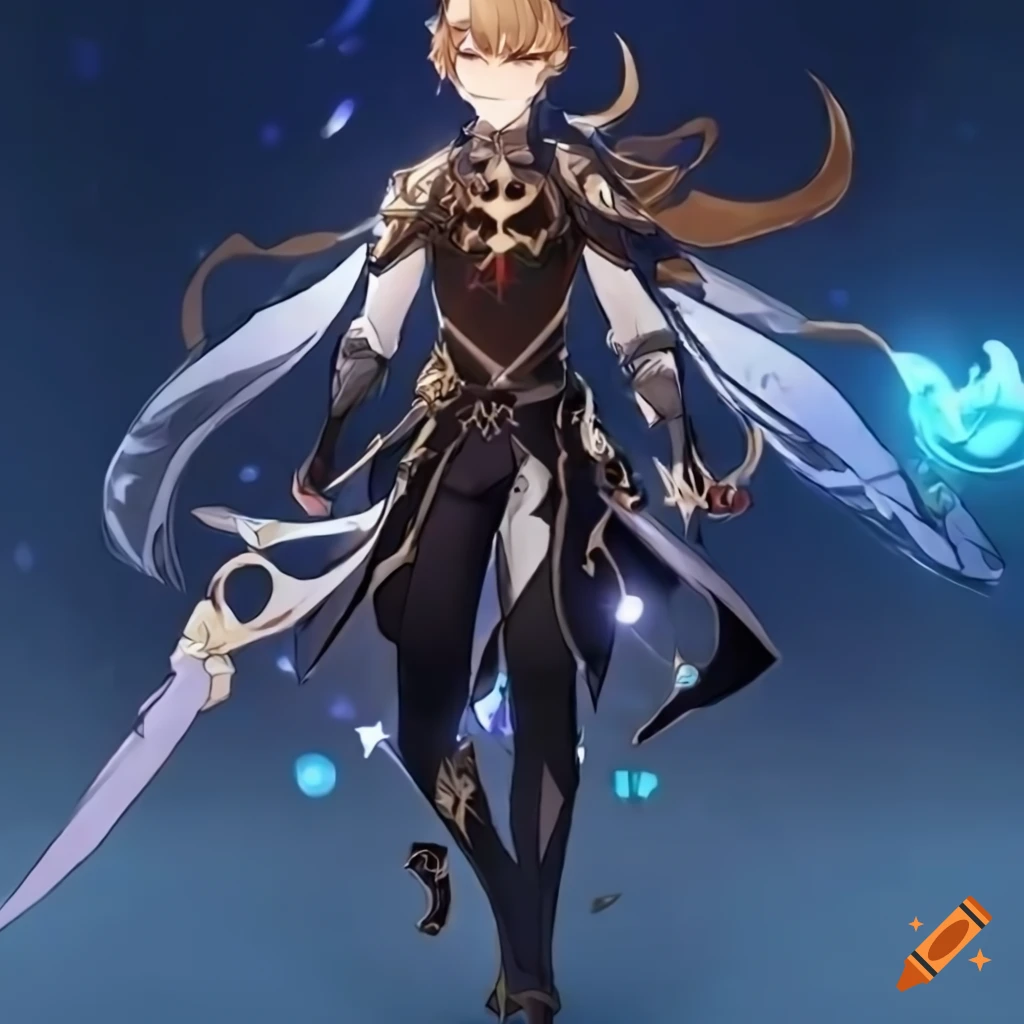 Genshin impact character in a black and gray suit with geo vision on