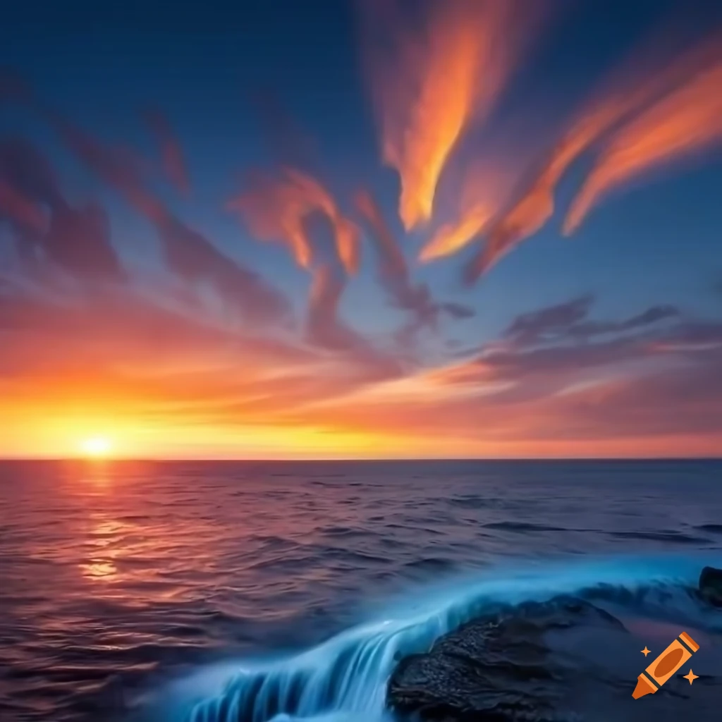 sunset over a sandy island with a waterfall