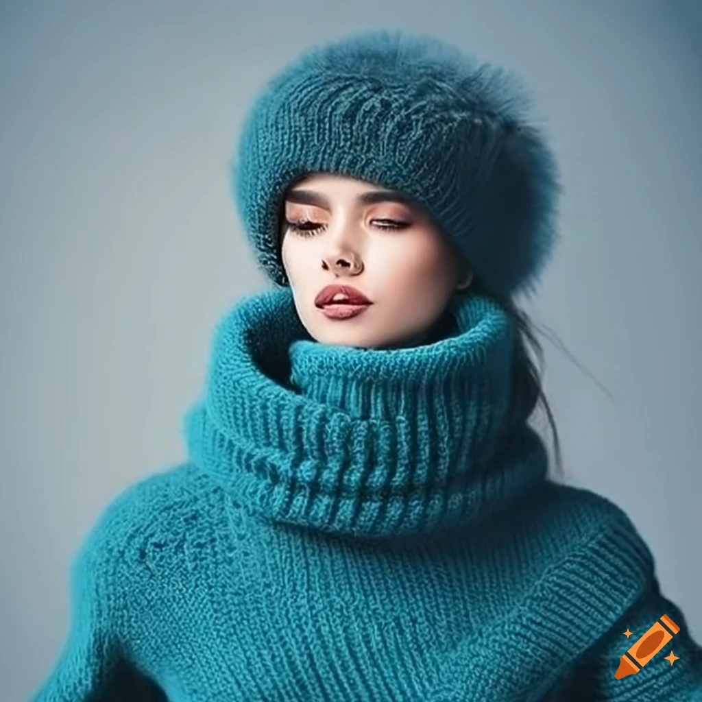 Fashionable woman wearing a chunky knit turtleneck pullover and a ...