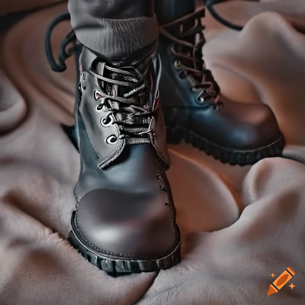 close-up of worn steel cap paratrooper boots on a cozy blanket