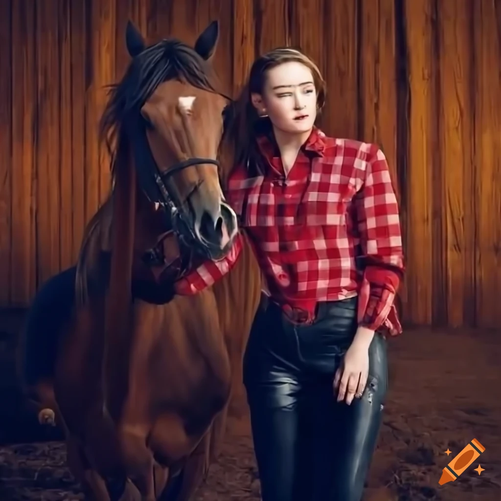 hyperrealistic painting of a young cowgirl riding a horse in a barn