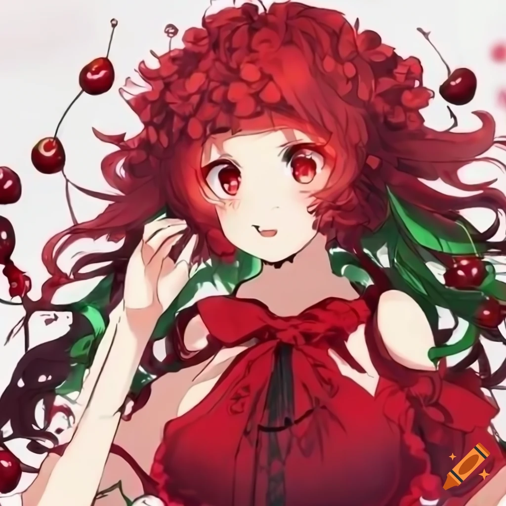Anime girl with red hair and cherry-themed dress on Craiyon