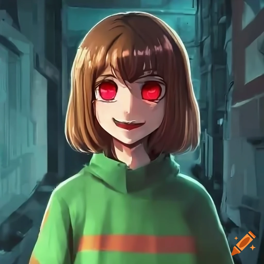 Chara(undertale) threatening, glowing red eyes, cyberpunk alley