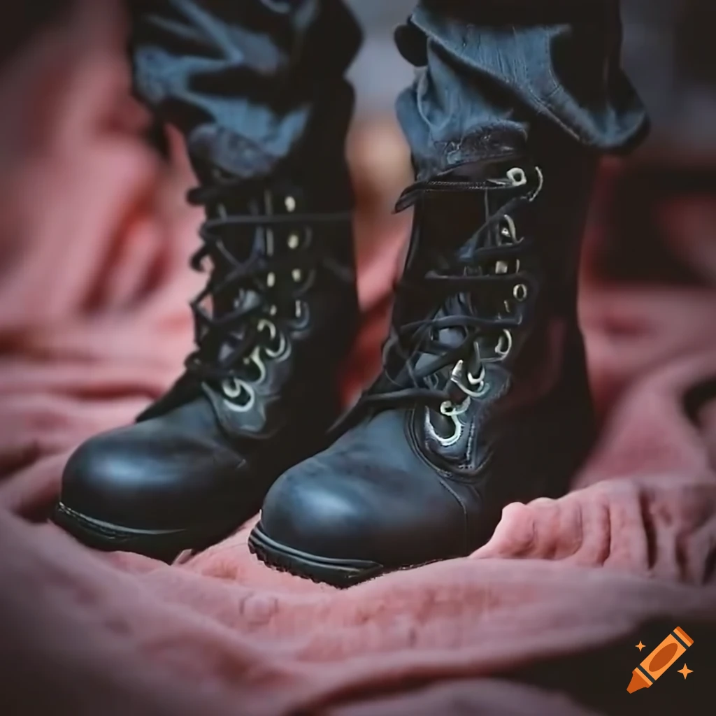 Close-up of black steel cap paratrooper boots on a messy blanket