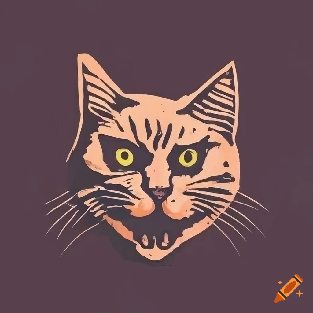 Monochromatic linocut style logo of an angry cat