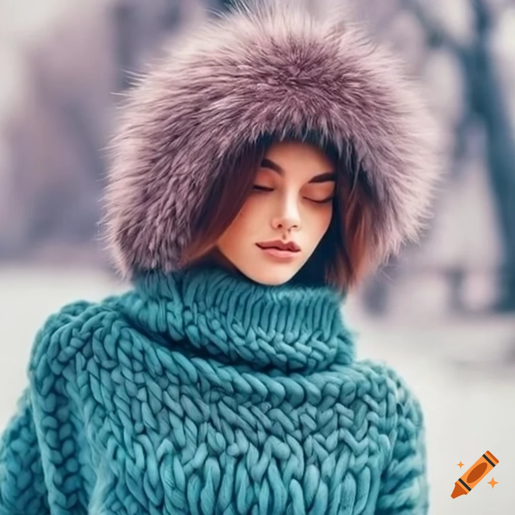 Photo of a woman wearing a chunky knit turtleneck pullover and a winter ...
