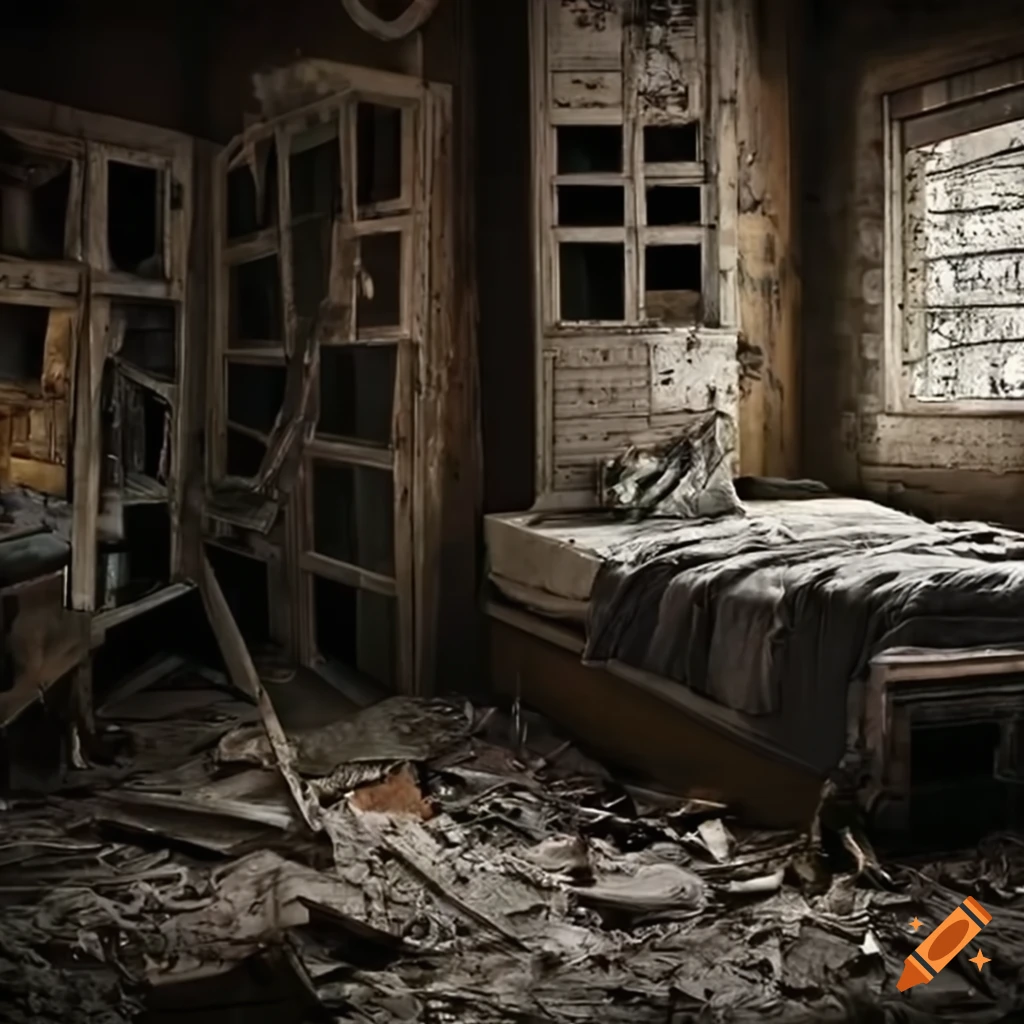 Postapocalyptic bedroom with broken windows and debris on Craiyon