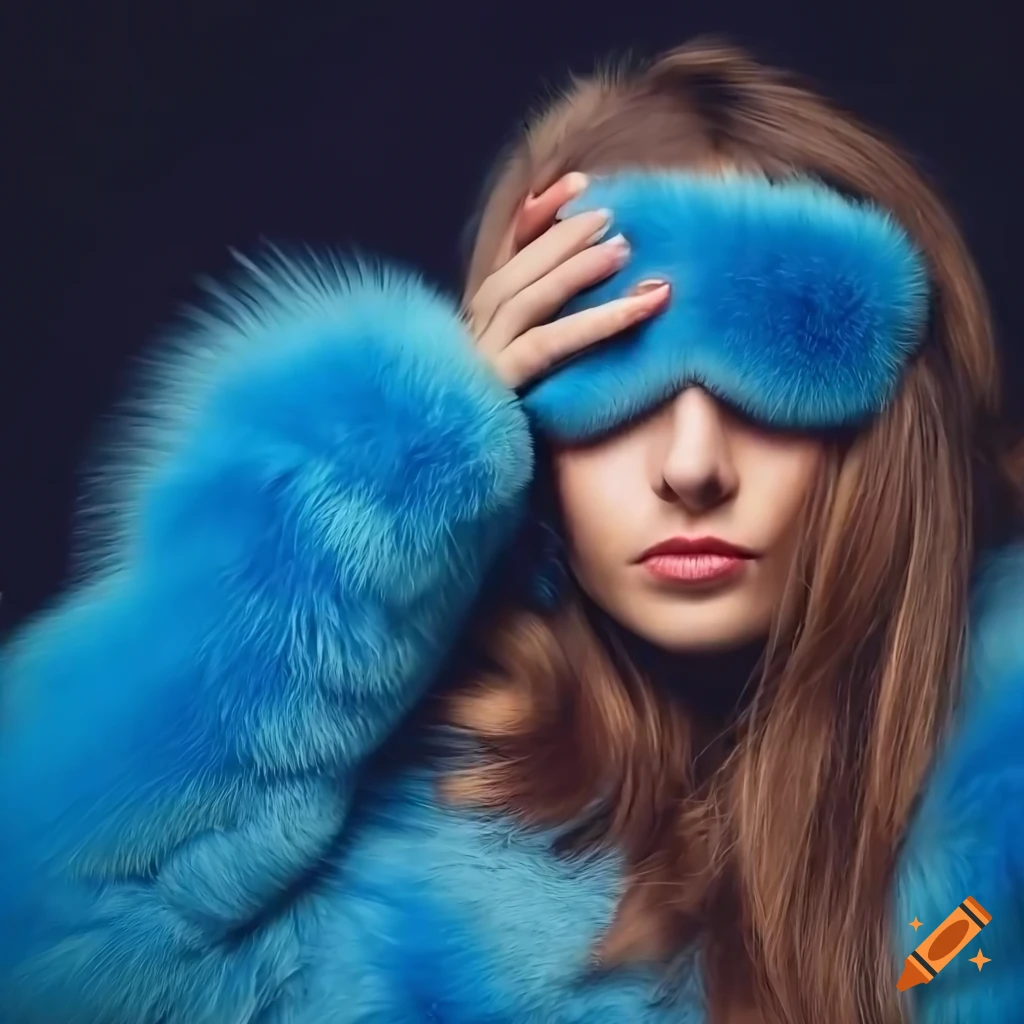 Fashionable woman wearing a blue fur coat and sleep mask