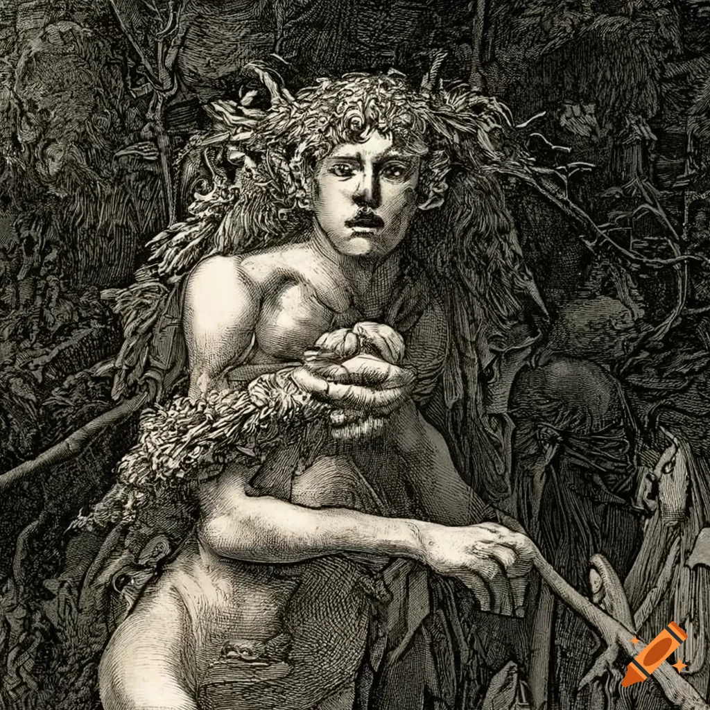 surreal etching of adolescent boys made of flowers and mushrooms
