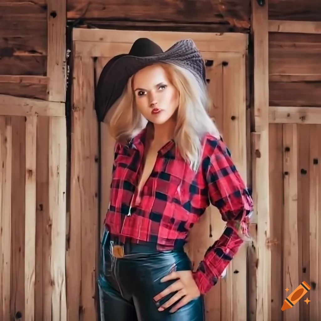 hyperrealistic cowgirl looking through barn door