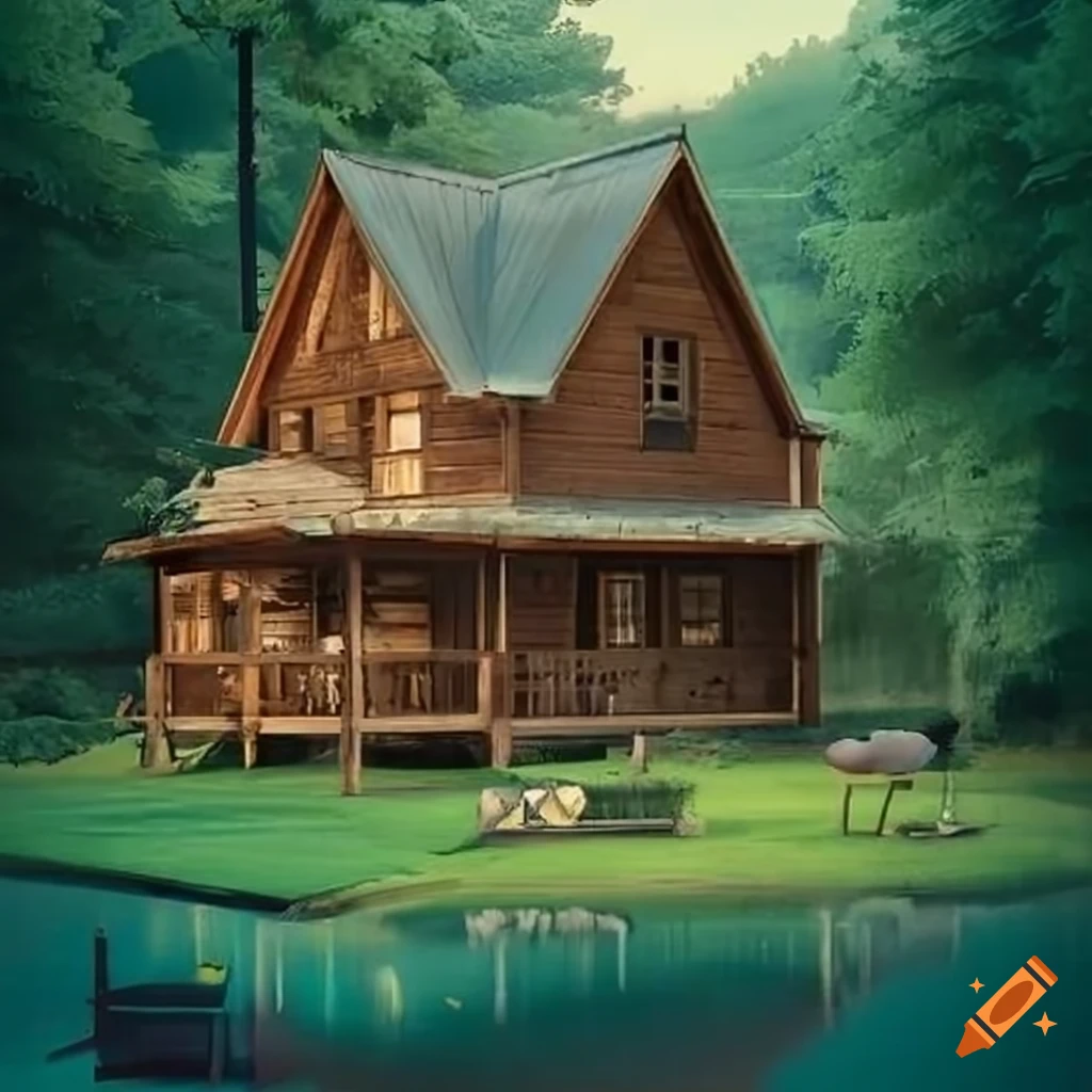 rustic farmhouse with open front and pond view