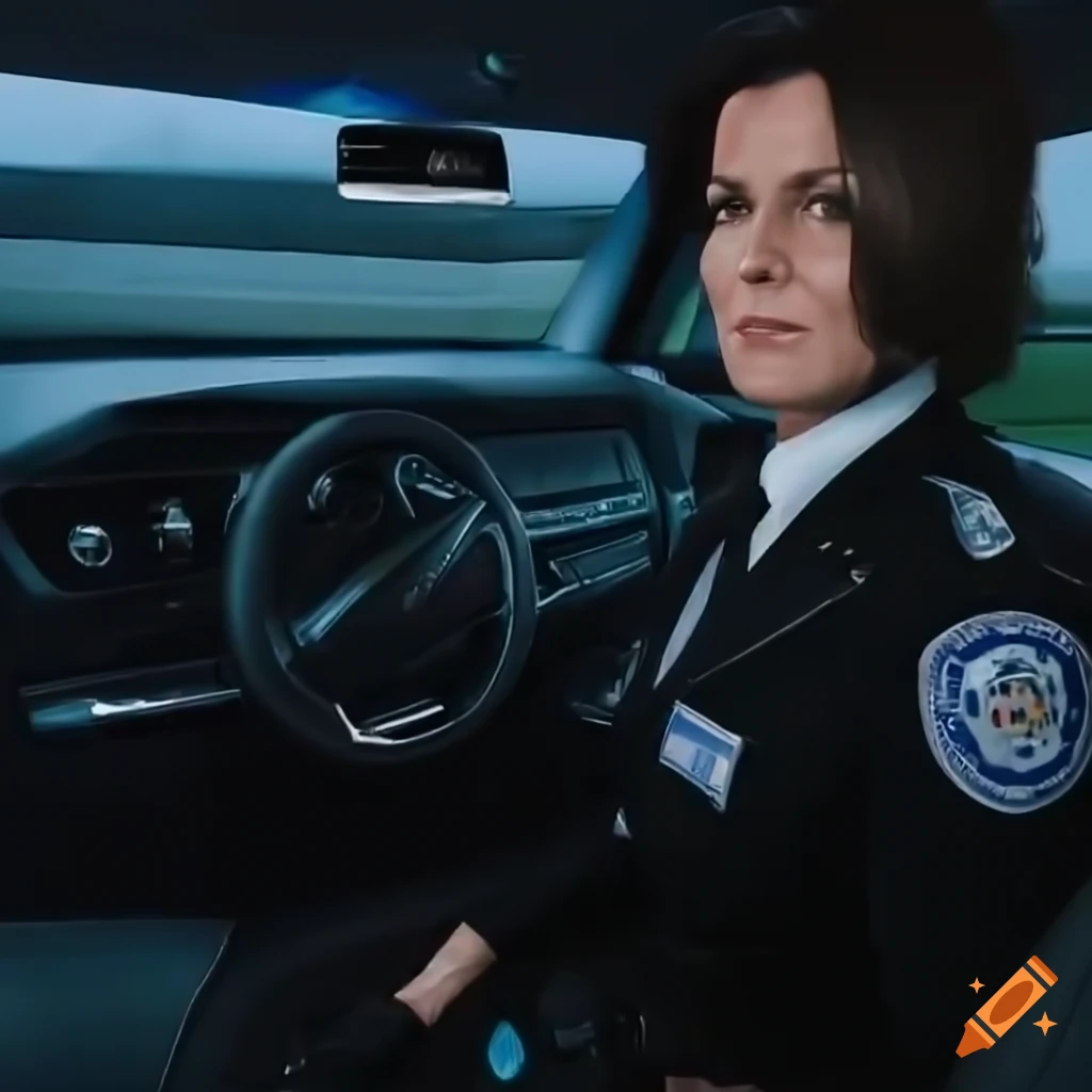 hyperrealistic illustration of a British policewoman in a police car