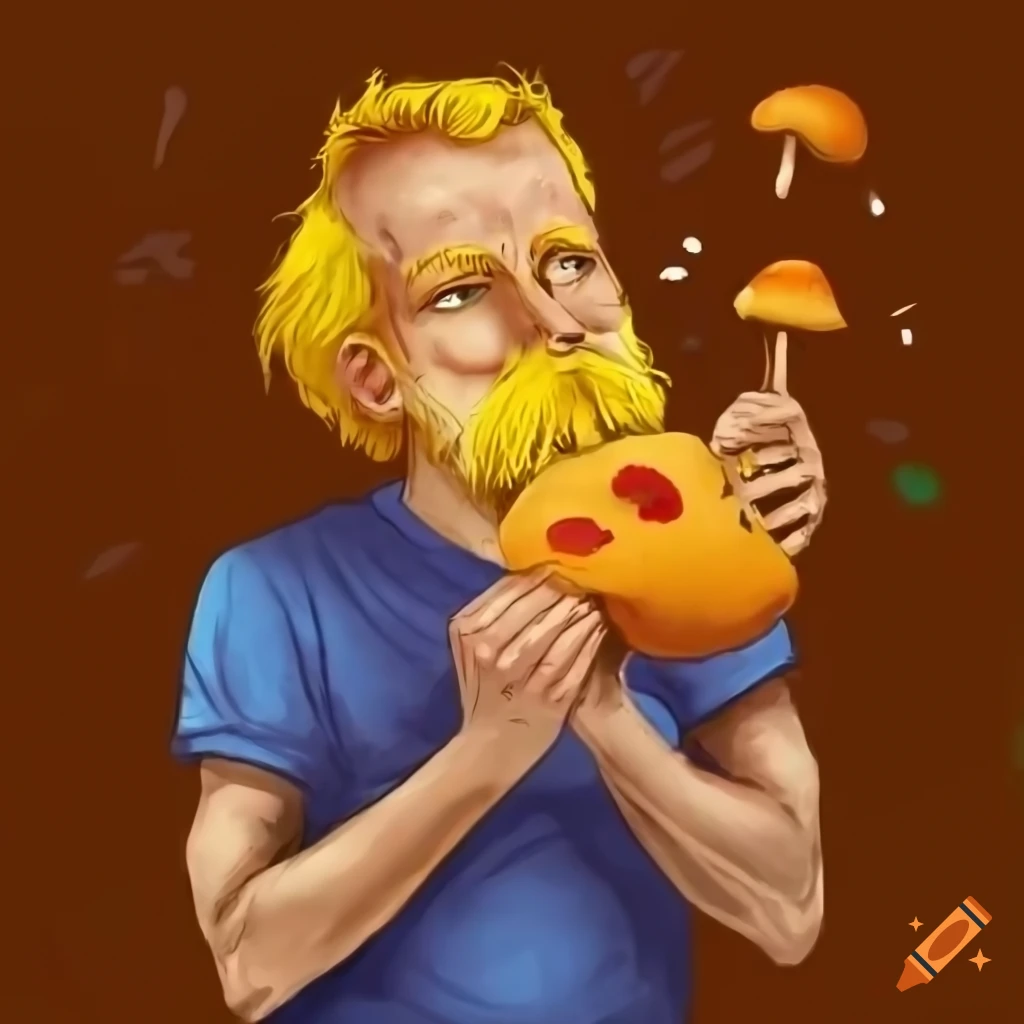 illustration of a man smelling a mushroom