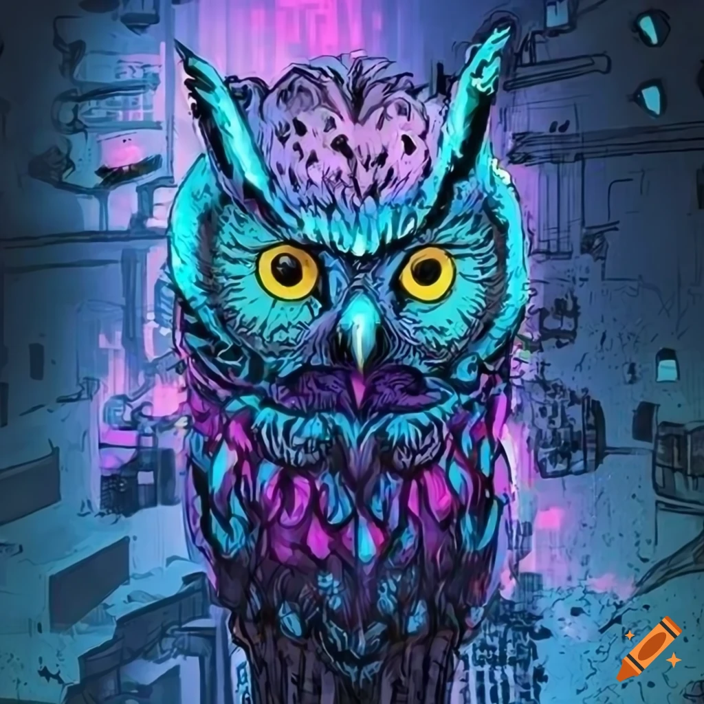 blue cyberpunk owl with yellow eyes