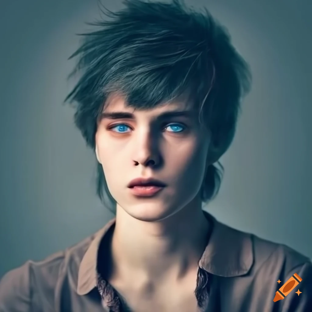 Portrait of a young man with black hair and blue eyes