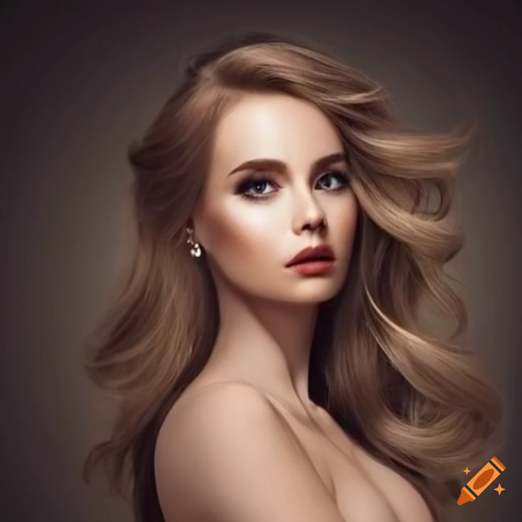 Elegant young woman with long wavy dark blond hair on Craiyon