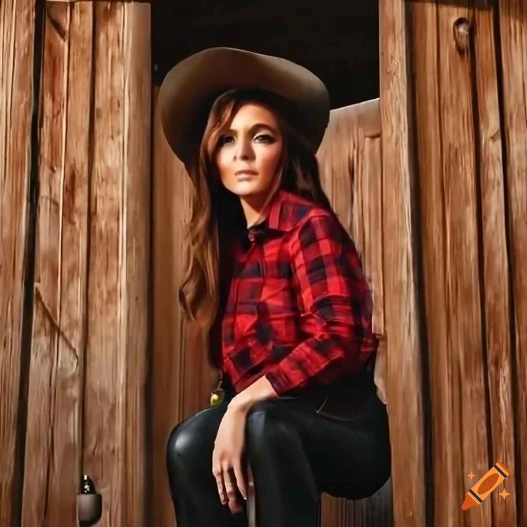 hyperrealistic cowgirl in a barn