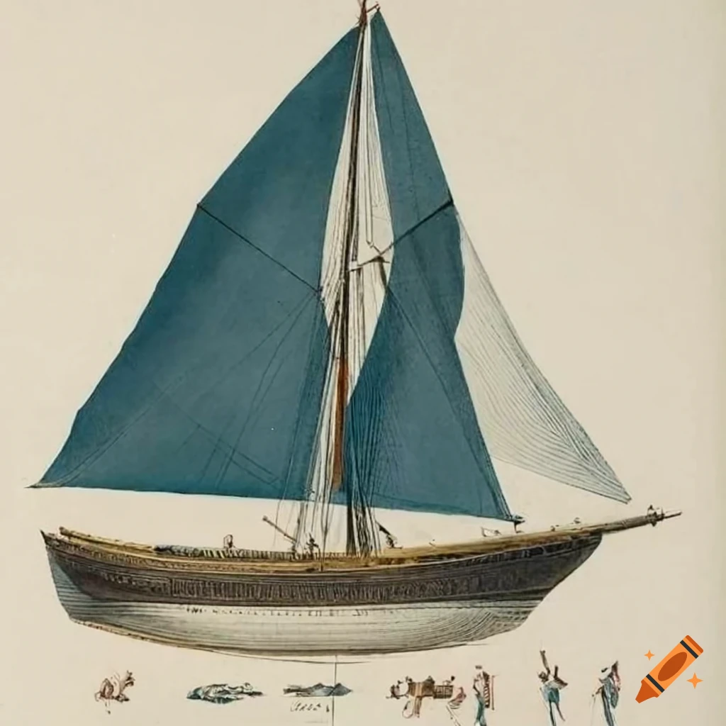 18th century chromolithograph of a sailboat on white background