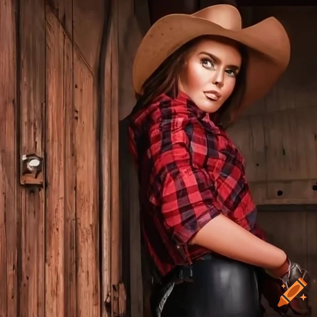 hyperrealistic cowgirl in a barn