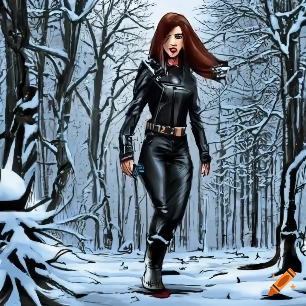 Comic book art of a muscular woman in a snowy forest on Craiyon