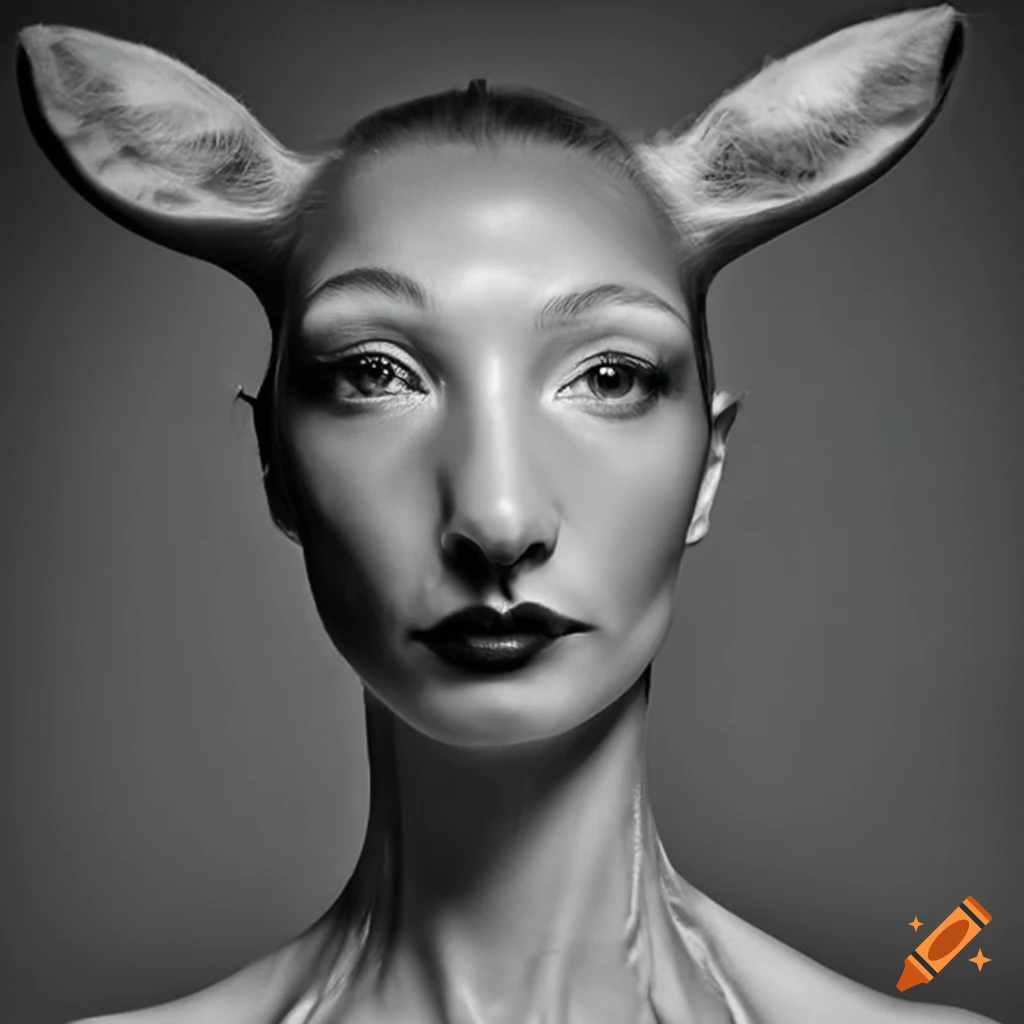 artistic representation of a woman wearing transparent latex with a doe-deer head