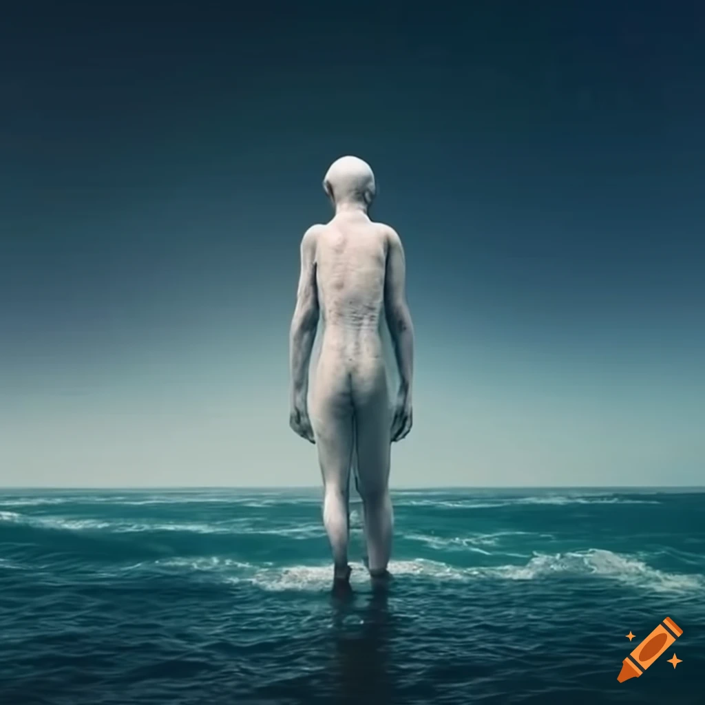 image of a man walking in the ocean with clouds above