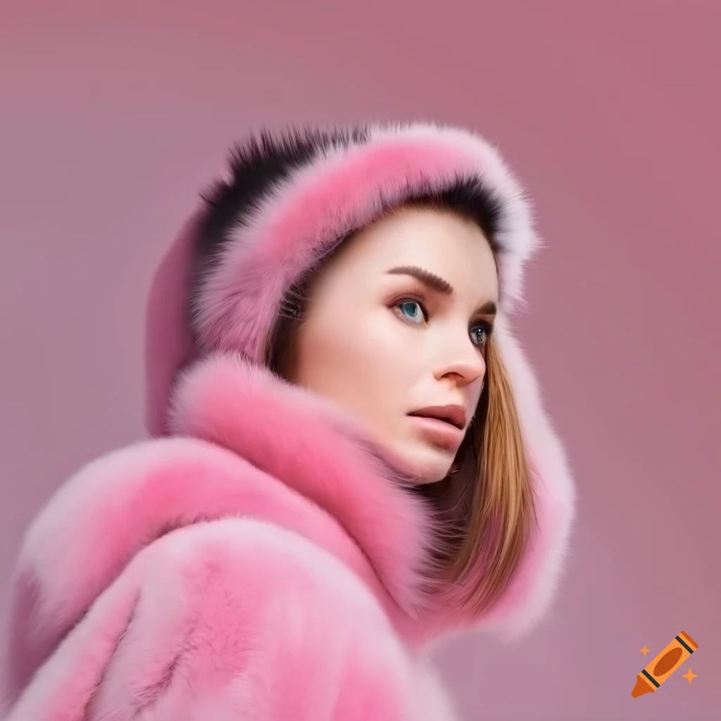 Woman skiing in pink fur ski suit on Craiyon
