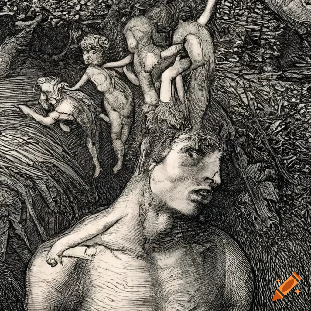 surreal etching of adolescent boys made of flowers and mushrooms