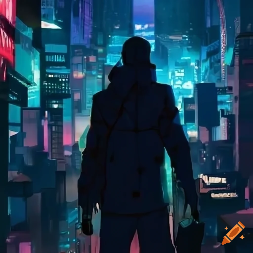 cyberpunk anime character looking at the night sky