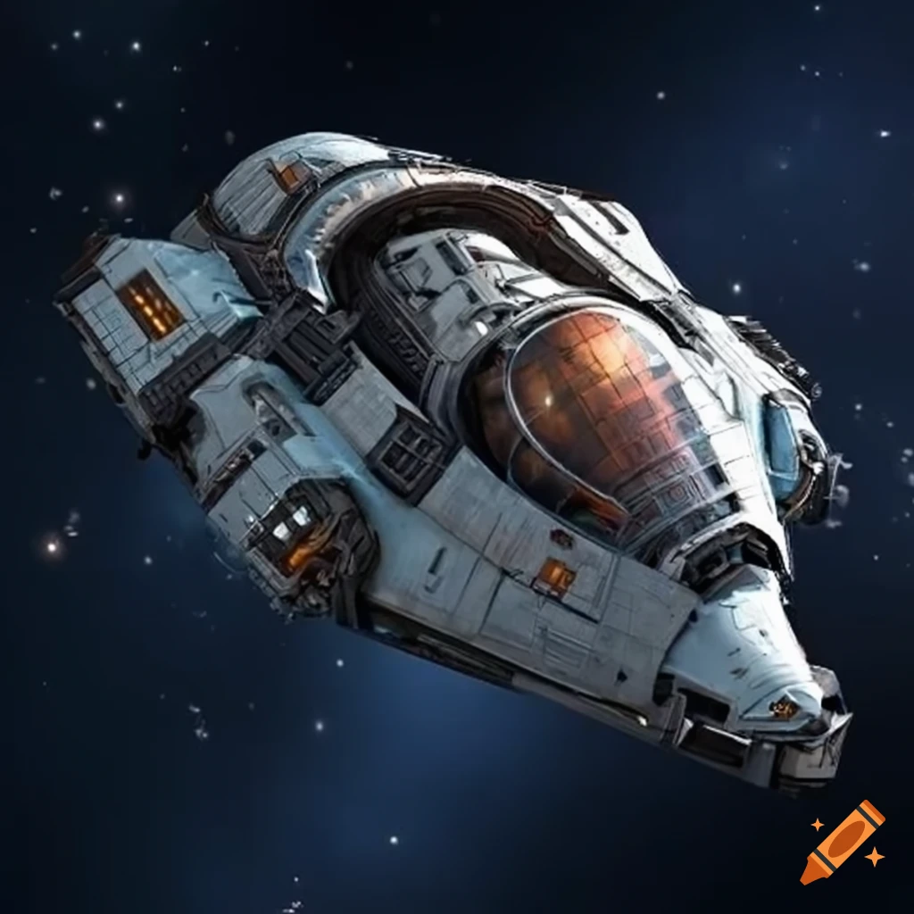 Modular spaceship attached to hull in space on Craiyon