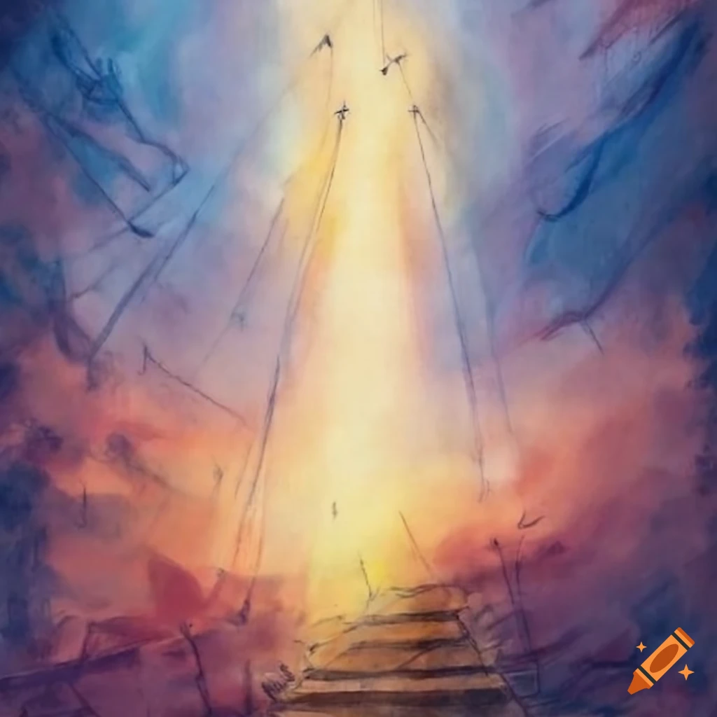 landscape with flying angels and bright sun
