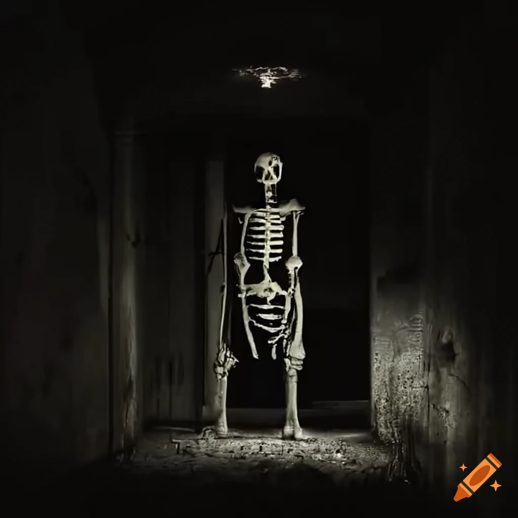skeletons standing in front of a deserted gas station