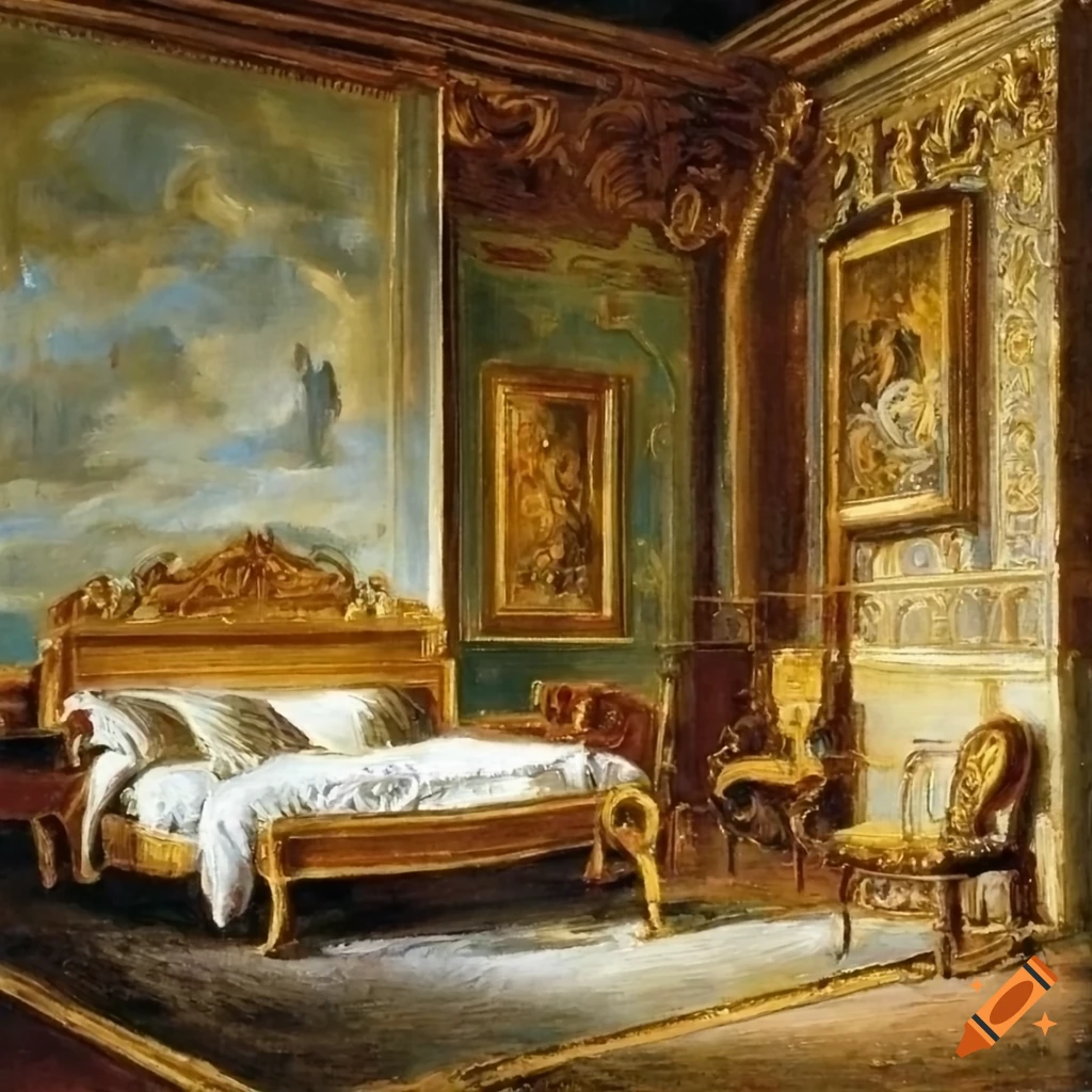 Baroque oil painting of a bedroom on Craiyon
