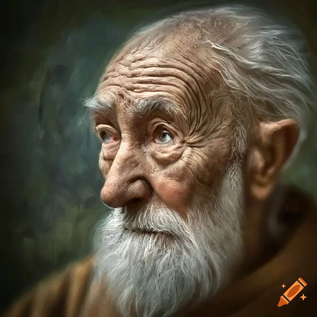 realistic oil painting of an old man deep in thought