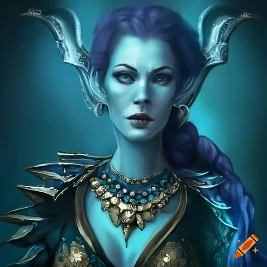 Portrait of a elegant blue sea-elf merfolk genasi on Craiyon