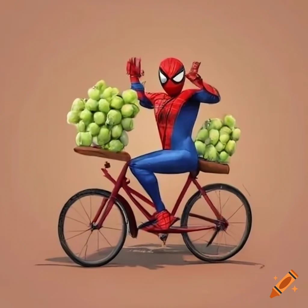 Indian spiderman selling fruits on a bicycle cart on Craiyon