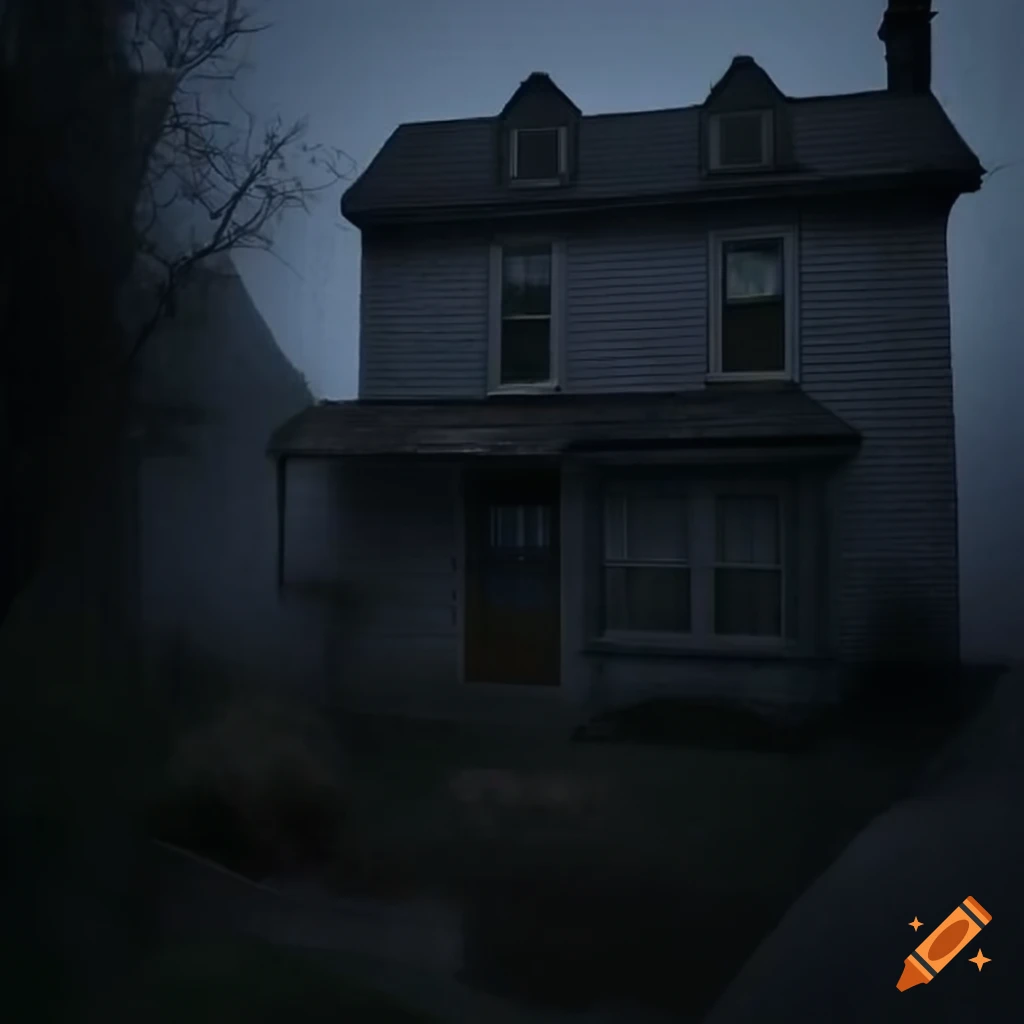image of a dark house with a lit upstairs window