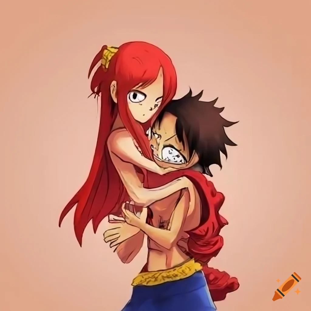 Anime drawing of a girl hugging luffy from one piece
